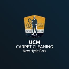 Logo for UCM Carpet Cleaning, New Hyde Park with a figure holding a cleaning tool.