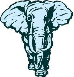 Gezeichneter Elefant in Blau- und Schwarztönen, frontal mit ausgestreckten Ohren.
