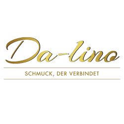 Goldenes Logo mit Schriftzug "Da-lino" und Slogan "Schmuck, der verbindet" auf weißem Hintergrund.