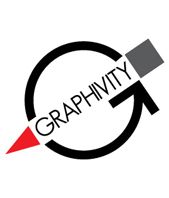 Logo con cerchio nero, freccia rossa e parola "GRAPHIVITY" in diagonale.