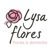Logo de "Lysa Flores" con dibujo de rosa y lema "flores a domicilio" en texto rosa.