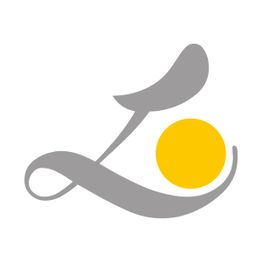 Graues, geschwungenes Symbol mit gelber Kugel auf weißem Hintergrund.