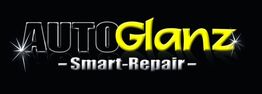 Logo mit Text: "AUTOGlanz - Smart-Repair" auf schwarzem Hintergrund mit glänzenden Effekten.