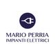 Logo con spina elettrica bianca e testo "Mario Perria Impianti Elettrici" su sfondo blu.