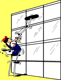 Ein Cartoon-Mann auf einer Leiter reinigt große Fenster mit einem Wischer.