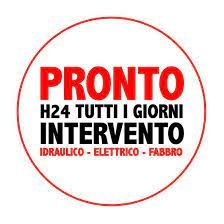 Scritta: "PRONTO INTERVENTO H24" in rosso e nero, servizi idraulici, elettrici, fabbro.