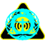Blaues Emblem mit Weltkugel und Radiowellen, umrahmt von einem gelben Dreieck.
