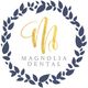 Logo of Magnolia Dental with gold initials, encircled by a dark blue leaf wreath.