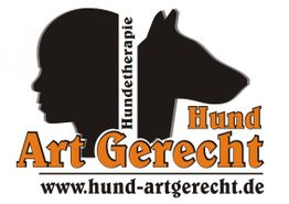 Logo mit Mensch- und Hundesilhouette, Text: "Hundetherapie Art Gerecht" und Webseite.