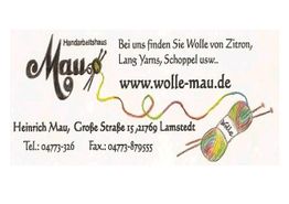 Visitenkarte von "Handarbeitshaus Mau" mit Wollknäuel und Website www.wolle-mau.de.