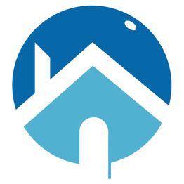 Abstraktes Haus-Logo in Blau mit schrägem Dach und Kreis im Hintergrund.
