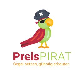 Papagei mit Piratenhut und Augenklappe über "PreisPIRAT" Text, Slogan darunter.