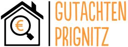 Haus-Symbol mit Lupe und Euro-Zeichen. Text: Gutachten Prignitz in orange.