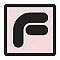 Quadratisches Icon mit stilisiertem, schwarzen Buchstaben "F" auf rosa Hintergrund.