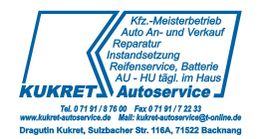 Blaues Kfz-Werkstatt-Logo mit Angeboten, Kontaktdaten und Adresse des Kukret Autoservice.
