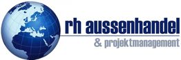 Erde mit Schriftzug "rh aussenhandel & projektmanagement" in blau und grau.