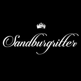 Schwarze Grafik mit weißem, geschwungenem Text "Sandburgritter" und kleiner Krone darüber.