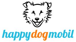 Skizze eines Hundes über dem Schriftzug "happy dog mobil" in Blau und Orange.