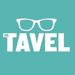 White eyeglasses above the text "DR. TAVEL" on a teal background.