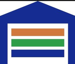 Abstract garage design: blue roof, orange, green, and blue horizontal stripes inside.