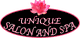 Oval logo with "Unique Salon and Spa" and a pink lotus flower on top.