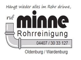 Schild für Rohrreinigung Minne in Oldenburg/Wardenburg mit Telefonnummer und Rohrgrafik.