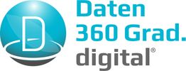 Kugelsymbol mit "Daten 360 Grad. digital" in blau-grauer Schrift auf weißem Hintergrund.