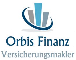 Logo von Orbis Finanz Versicherungsmakler mit blauen und grauen Gebäudedesigns.