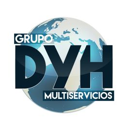 Logo de "Grupo DYH Multiservicios" sobre un globo terráqueo estilizado en azul y blanco.