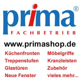 Prima Fachbetrieb-Logo, Text: www.primashop.de. Küchenfronten, Möbelgriffe, Türen, Zubehör.