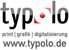 Schriftzug „typolo“ mit „print | grafik | digitalisierung“ darunter und Web-Adresse www.typolo.de.