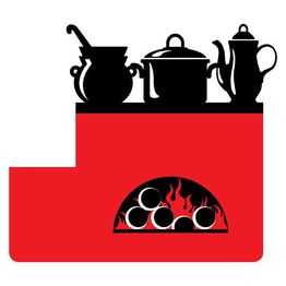 Desenho de fogão a lenha vermelho com panelas pretas e leiteira no topo.