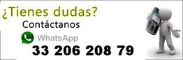 Figura con teléfono y texto: "¿Tienes dudas? Contáctanos por WhatsApp: 33 206 208 79".