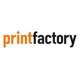 Logo mit dem Text "printfactory" in Orange und Schwarz auf weißem Hintergrund.