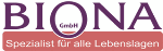 BIONA GmbH Logo mit Slogan: "Spezialist für alle Lebenslagen" auf einem roten Hintergrund.