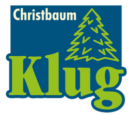 Blau-grünes Logo mit Text "Christbaum Klug" und stilisiertem Weihnachtsbaum.