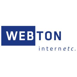 Logo mit blauem Quadrat und Text: "WEBTON internetc." in verschiedenen Schriftarten.