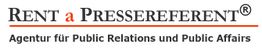 Logo mit Text: "RENT a PRESSEREFERENT® - Agentur für Public Relations und Public Affairs"