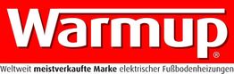 Rotes Logo mit der Aufschrift "Warmup". Darunter Text zu elektrischen Fußbodenheizungen.