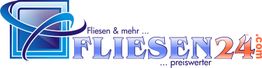 Logo "Fliesen24": Stilisiertes Quadrat mit Text "Fliesen & mehr... preiswerter" daneben.