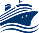 Icon eines blauen Schiffs mit Wellen darunter, stilisiertes Design.