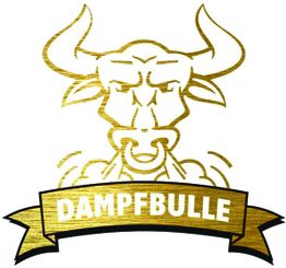 Goldener Stier mit dampfenden Nüstern, darunter das Wort "DAMPFBULLE" auf einem Banner.