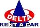 Logotipo da "Delta Rent a Car" com formas geométricas em azul e vermelho.