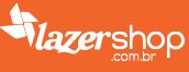 Logotipo da LazerShop em fundo laranja com texto branco e ícone de cata-vento.