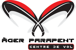 Logo de Àger Parapent Centre de Vol, con diseño de alas en rojo, negro y gris.