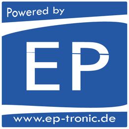 Blaues Logo mit Schriftzug "Powered by EP" und Webseite "www.ep-tronic.de" in Weiß.