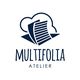 Logo con nuvola e fogli con le scritte "MULTIFOLIA ATELIER" in blu su sfondo bianco.