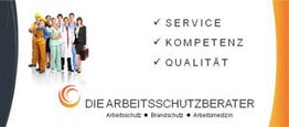 Gruppe von Arbeitern, Text: "Service, Kompetenz, Qualität", Logo von "Die Arbeitsschutzberater".