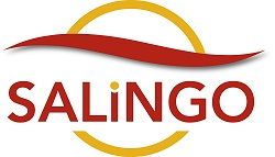 Logo mit rotem Schriftzug "SALiNGO" und gelber Halbkreis mit roter Linie im Hintergrund.