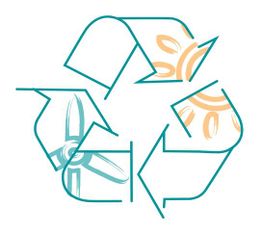 Simbolo di riciclo con elementi di energia solare ed eolica stilizzati.